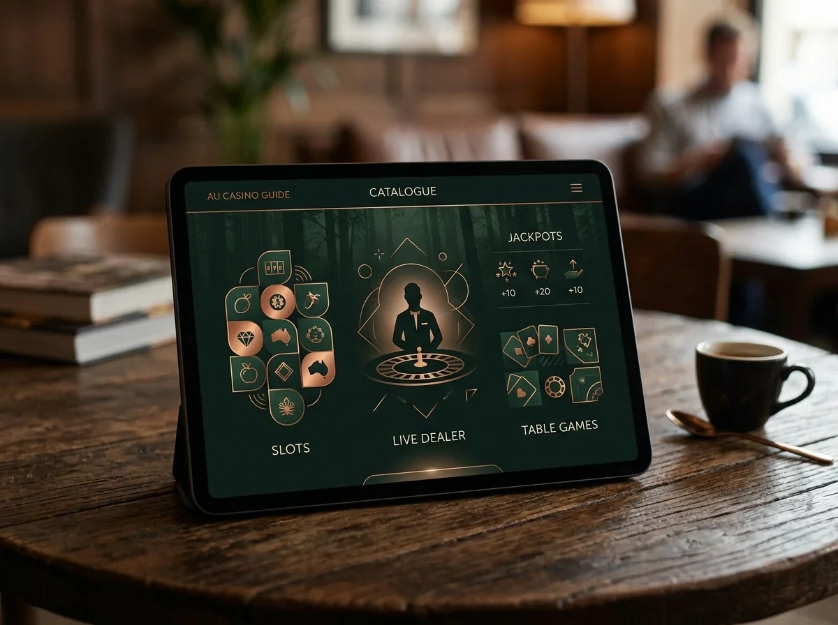 Abstract casino game tiles and live table shapes arranged on a dark editorial screen