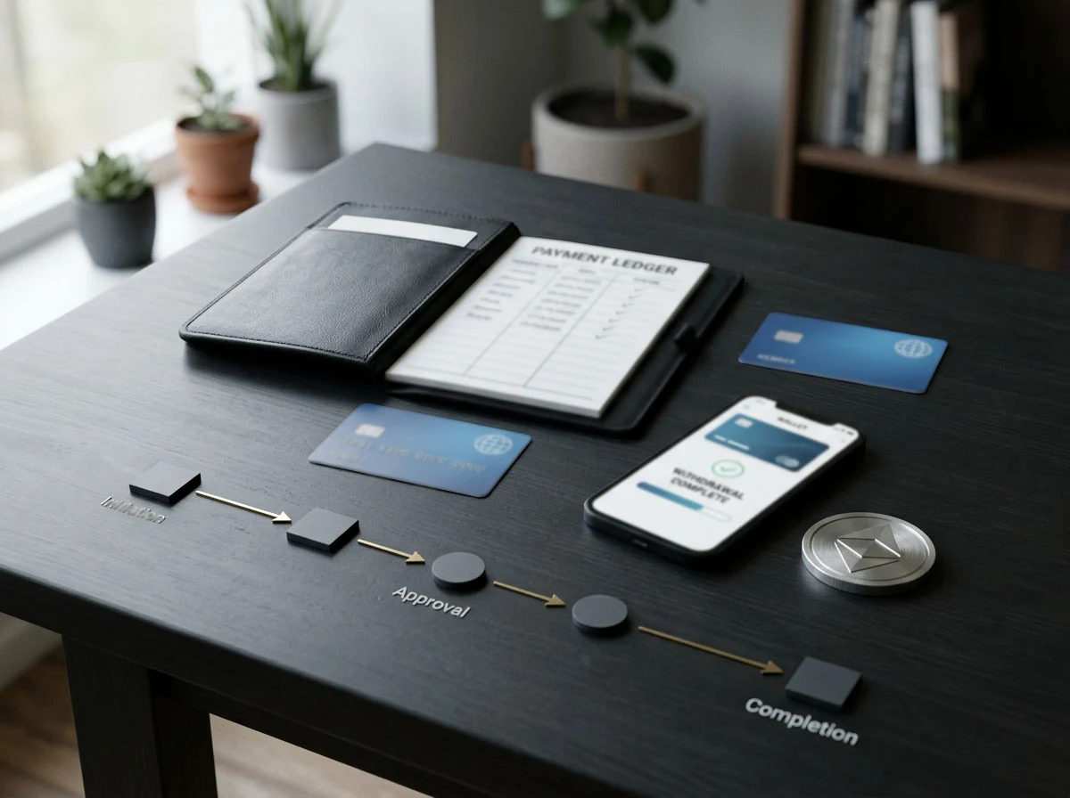 A payment ledger, bank card, digital wallet and transaction timeline arranged on a dark desk